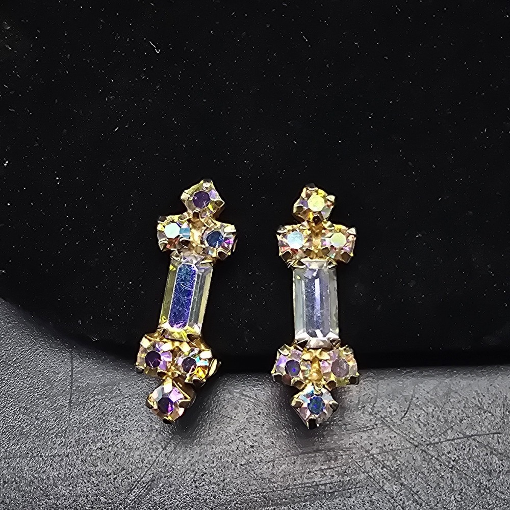 Aurora Borealis Rhinestone Clip On Earrings Petite Dainty Vintage Glam